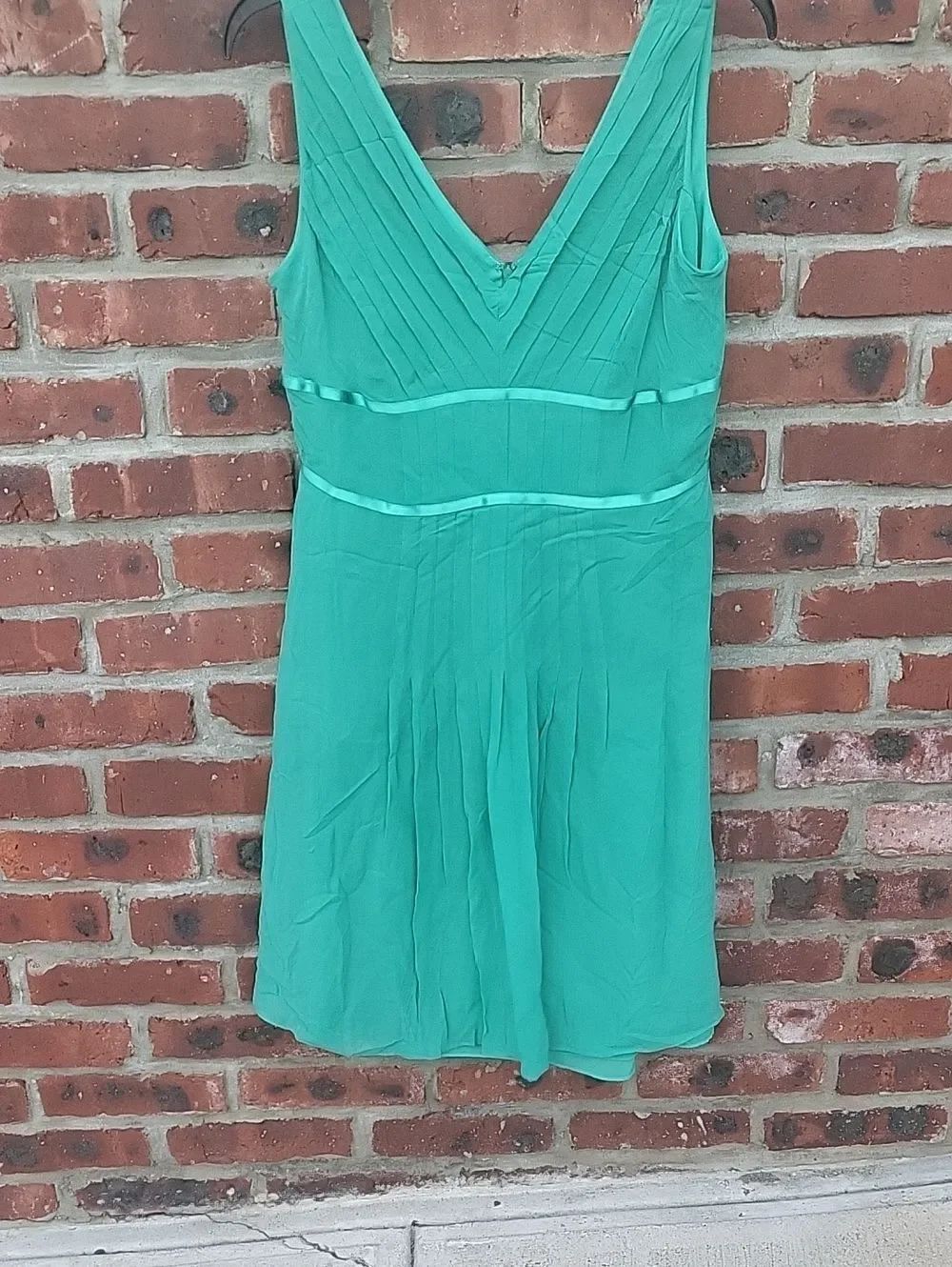 Anne Klein Teal Green V-Neck Pleated Mini Dress